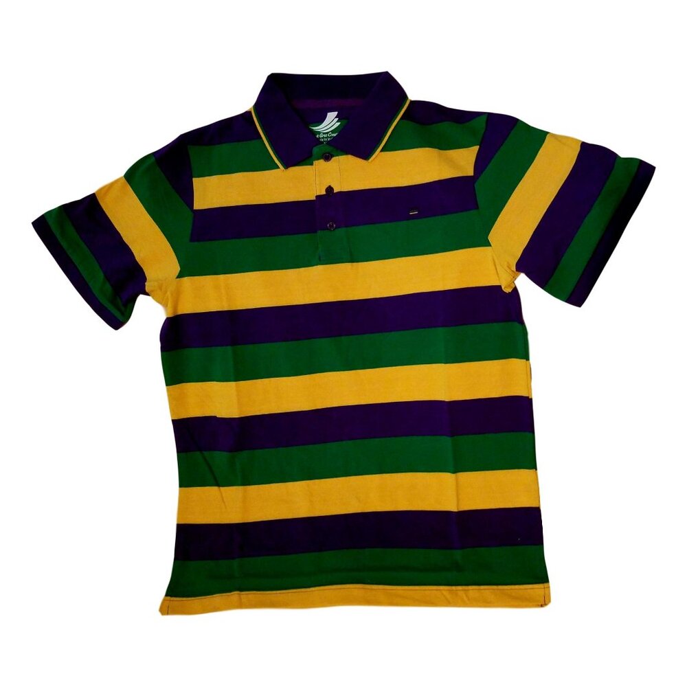 Adult Plus Mardi Gras Polo Stripe Purple Green Gold Short Sleeve Shirt 2X 3X 4X